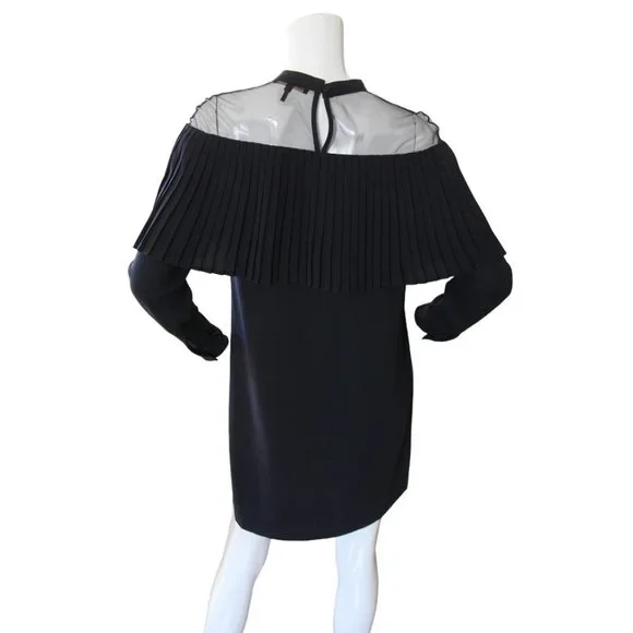 Maje Remia Pleated Illusion Neckline Long Sleeve Shift Dress Navy - Picture 4 of 6